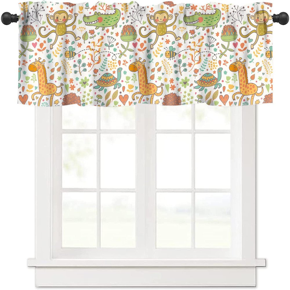 JanJCurt Cute Monkey Valance, Cartoon Zoo Funny Animals Giraffe Turtle Flowers Leaves Thermal Insulation Blackout Short Window Curtain for Kids Boys Girls Baby Bedroom Living Room, 54x18inch
