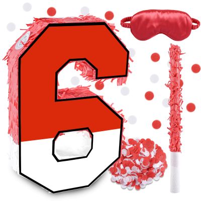 16 Inch Red and White Number 6 Pinata, Birthday Pinata with 16 Inch Piata Stick Blindfold Confetti for Kids 6th Birthday Party Decorations