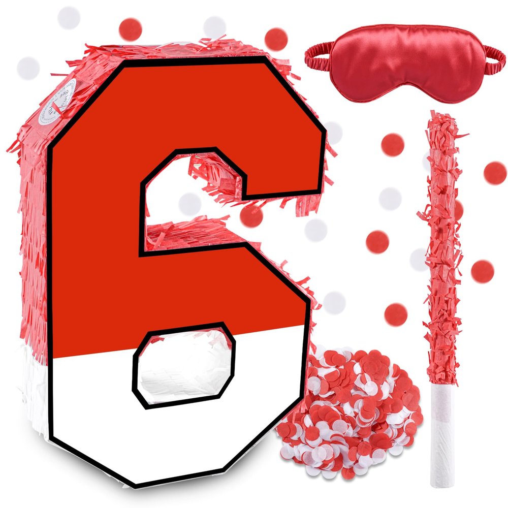 16 Inch Red and White Number 6 Pinata, Birthday Pinata with 16 Inch Piata Stick Blindfold Confetti for Kids 6th Birthday Party Decorations