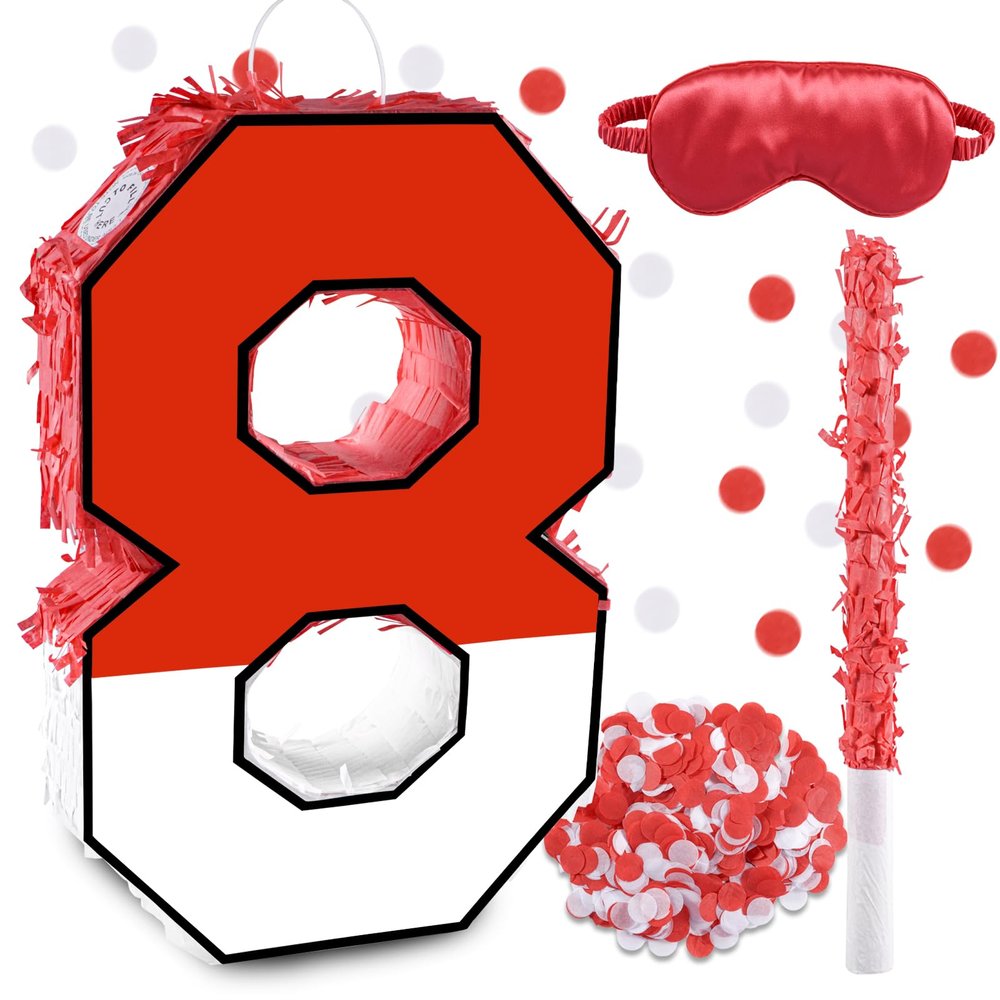 16 Inch Red and White Number 8 Pinata, Birthday Pinata with 16 Inch Piata Stick Blindfold Confetti for Kids 8th Birthday Party Decorations