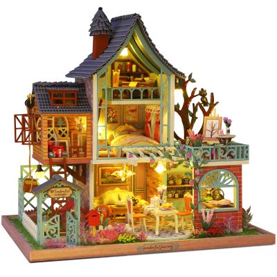 DIY Wooden Dollhouse Kit with Led Lights, Music Movements & Imitation Furniture - Tiny House Cottage for Home Decoration, Includes Dust Covers