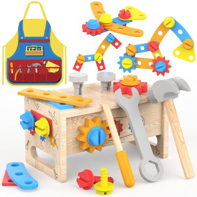 Toys for 2 Year Old Boy - Wooden Kids Tool Set with Apron, Montessori Toddler Bench STEM Educational Construction Toy for Ages 2-4, Pretend Play Birthday Gifts for Girls Christmas Stocking Stuffers