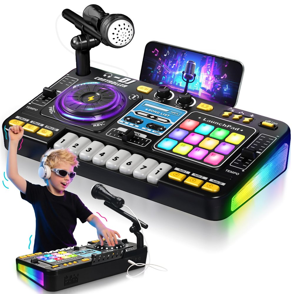 DJ Mixer for Kids, Toddler DJ Mixing Table with DJ Turntable, Game Mode, Light & Speed Control and Microphone, Gifts for 3 4 5 6 Years Old Boys Girls - Kid DJ Mixer Set