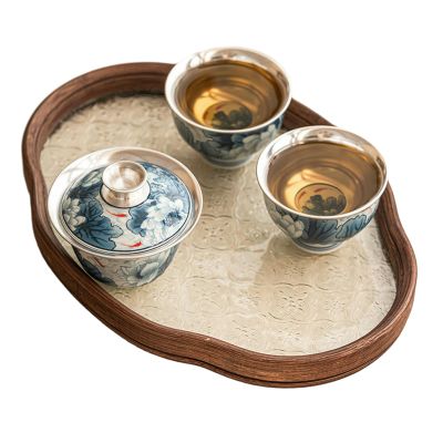 Liuyin fish playing with green, high-end anti-scalding tea bowl for home use - one lid, two cups [ box] + begonia plate