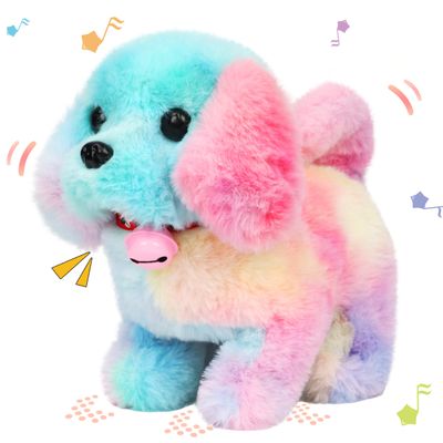 Hopearl Walking Dog with Bell Interactive Electronic Pet Plush Toy Puppy Woof and Moving Animated Nodding Head Gifts for Toddlers Birthday, Rainbow, 7''