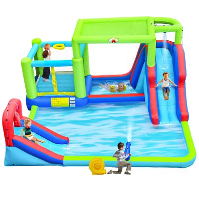 WELLFUNTIME Inflatable Dual Jumping Castle with Blower, Bounce House with Sunshade, Basketball Hoop, Climbing Wall