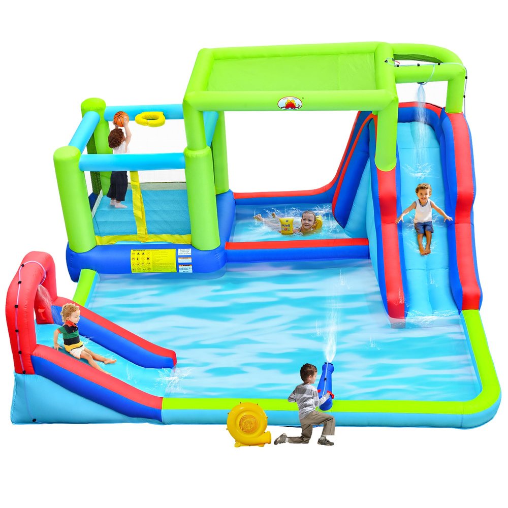 WELLFUNTIME Inflatable Dual Jumping Castle with Blower, Bounce House with Sunshade, Basketball Hoop, Climbing Wall