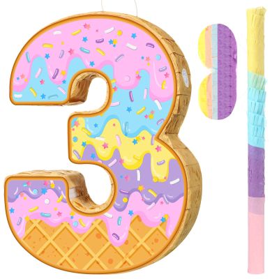 Aoriher Summer Birthday Piata Ice Cream Game Set Summer Number Piata with Bat Stick Blindfold Mask Confetti for Sundae Theme Birthday Baby Shower Party Game Supplies Decor (Number 3)