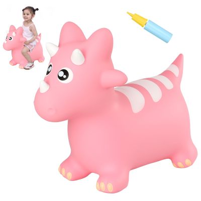 INPANY Bouncy Horse, Dinosaur Hopper Toys, Toddler Bouncing Animal, Dinosaur Party Decorations, Inflatable Ride on Rubber Triceratops Bouncer, Outdoor Cool Birthday Gift for 2 3 4 Yr Boy Girl Pink
