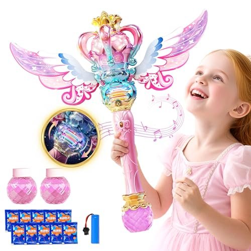 Uregoio Princess Bubble Wand for Girls - Rechargeable Spinning Light Up Magic Fairy Scepter Bubble Machine Toy with 12 Bubble Refills & Music, Easter Birthday Gift for Kids Toddlers Age 3-8 (Pink)