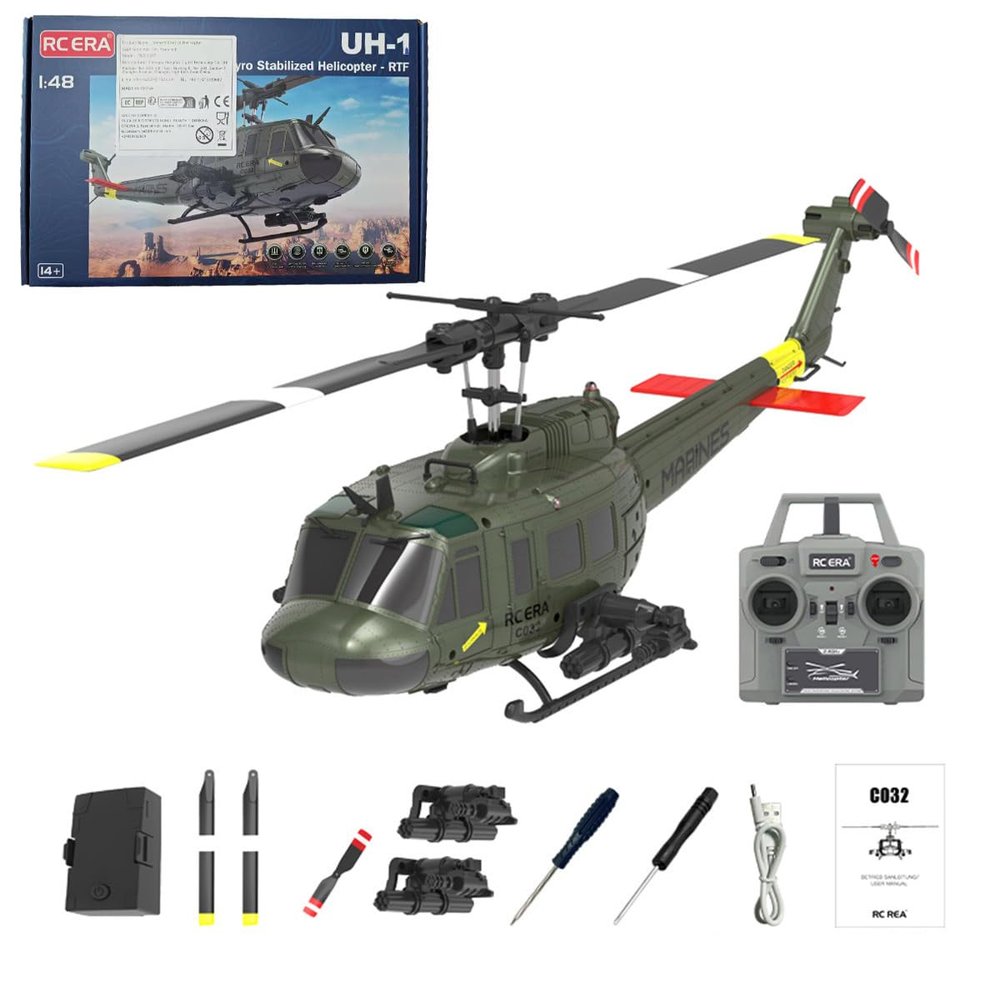 BrickCraftWorks 1/48 C032 UH-1 Huey RC Helicopter - 2.4G 6CH Flybarless Design with Optical Flow Positioning & Altitude Hold, 3D Stunt Helicopter Model with Gyro