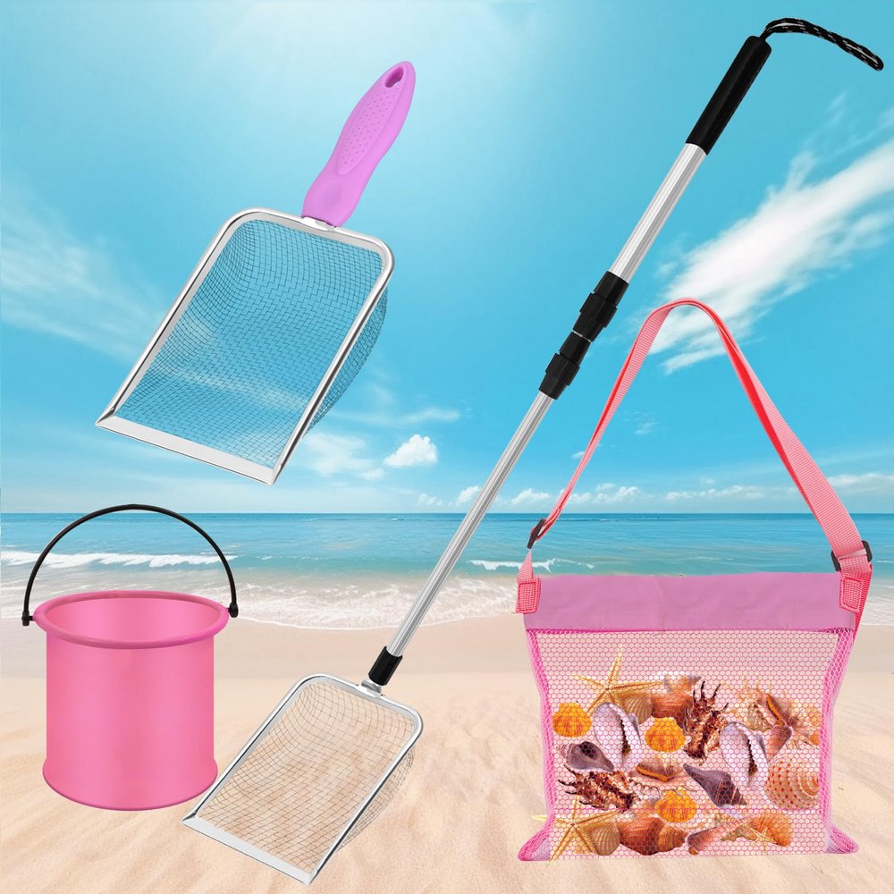 4pcs Shelling Scooper Tools for Beach, Adjustable Shark Tooth Sand Sifter with Mesh Shell Collecting Bag Foldable Beach Bucket Beach Scoop Shovel Toys for Adults Kids Picking Seashell Rock Hunting(P)