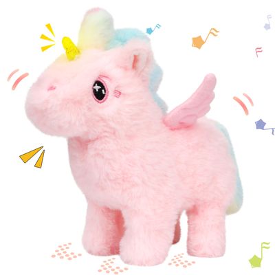 Hopearl Walking Unicorn with Glowing Horn Interactive Electronic Pet Plush Unicorn Toy with Sounds and Movements Animated Gift for Toddlers Birthday, Pink, 7''