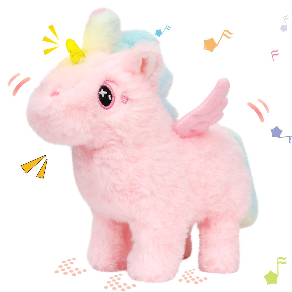 Hopearl Walking Unicorn with Glowing Horn Interactive Electronic Pet Plush Unicorn Toy with Sounds and Movements Animated Gift for Toddlers Birthday, Pink, 7''