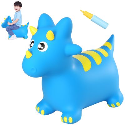 INPANY Bouncy Horse, Dinosaur Hopper Toys, Toddler Bouncing Animal, Dinosaur Party Decorations, Inflatable Ride on Rubber Triceratops Bouncer, Outdoor Cool Birthday Gift for 2 3 4 Yr Boy Girl Blue