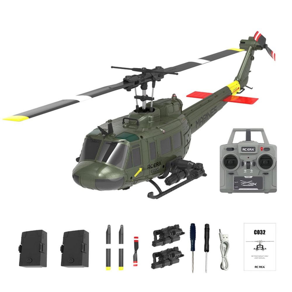 BrickCraftWorks 1/48 C032 UH-1 Huey RC Helicopter - 2.4G 6CH Flybarless Design with Optical Flow Positioning & Altitude Hold, 3D Stunt Helicopter Model with Gyro