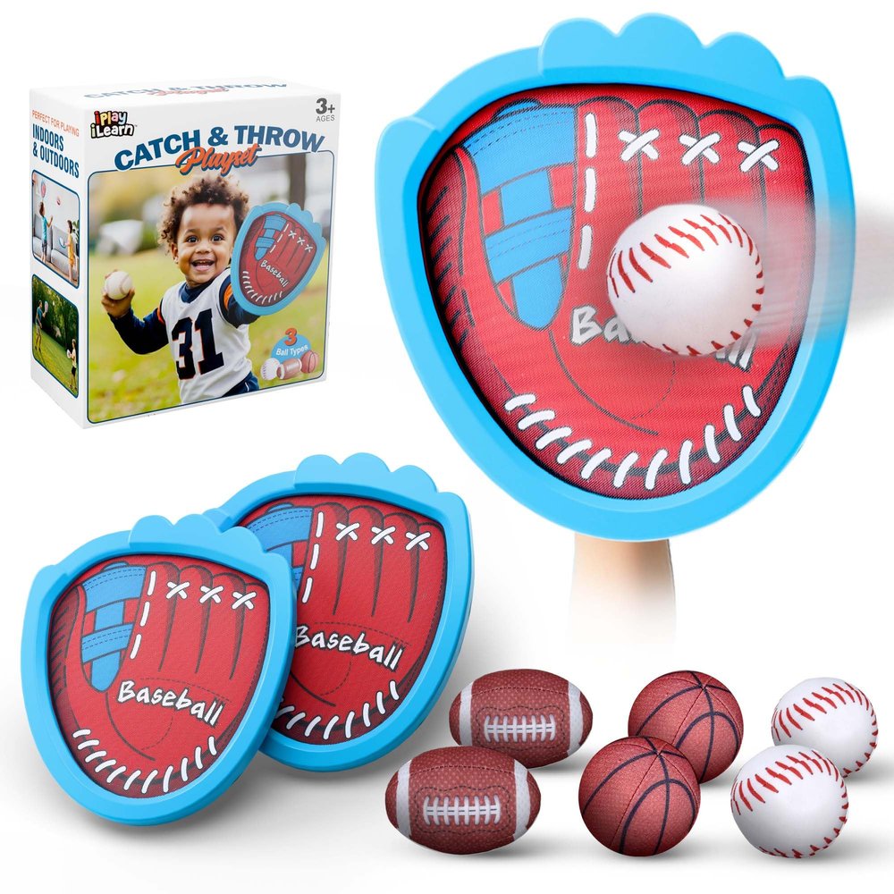iPlay, iLearn Toss and Catching Ball Game Set, Easy to Use Sticky Balls & Beginner Baseball Glove, Outdoor Sport Paddle Fits All Hand Sizes For Toddler Teen Adult, Fun Activity Gift Idea for Boys Girl