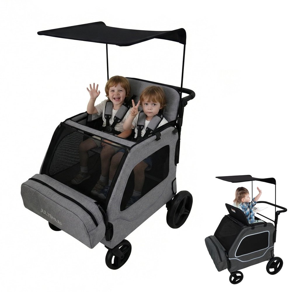 JULYSHILIU Foldable Fun Car-Shaped Wagon Stroller for 2 Kids All-Terrain Push Cart, XL Cargo Space, Removable Canopy, 5-Point Harness & Elevated Seats for Park/Shopping/Outings (Black Grey)