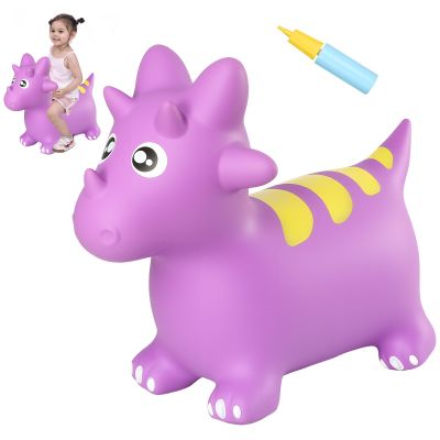 INPANY Bouncy Horse, Dinosaur Hopper Toys, Toddler Bouncing Animal, Dinosaur Party Decorations, Inflatable Ride on Rubber Triceratops Bouncer, Outdoor Cool Birthday Gift for 2 3 4 Yr Boy Girl Purple