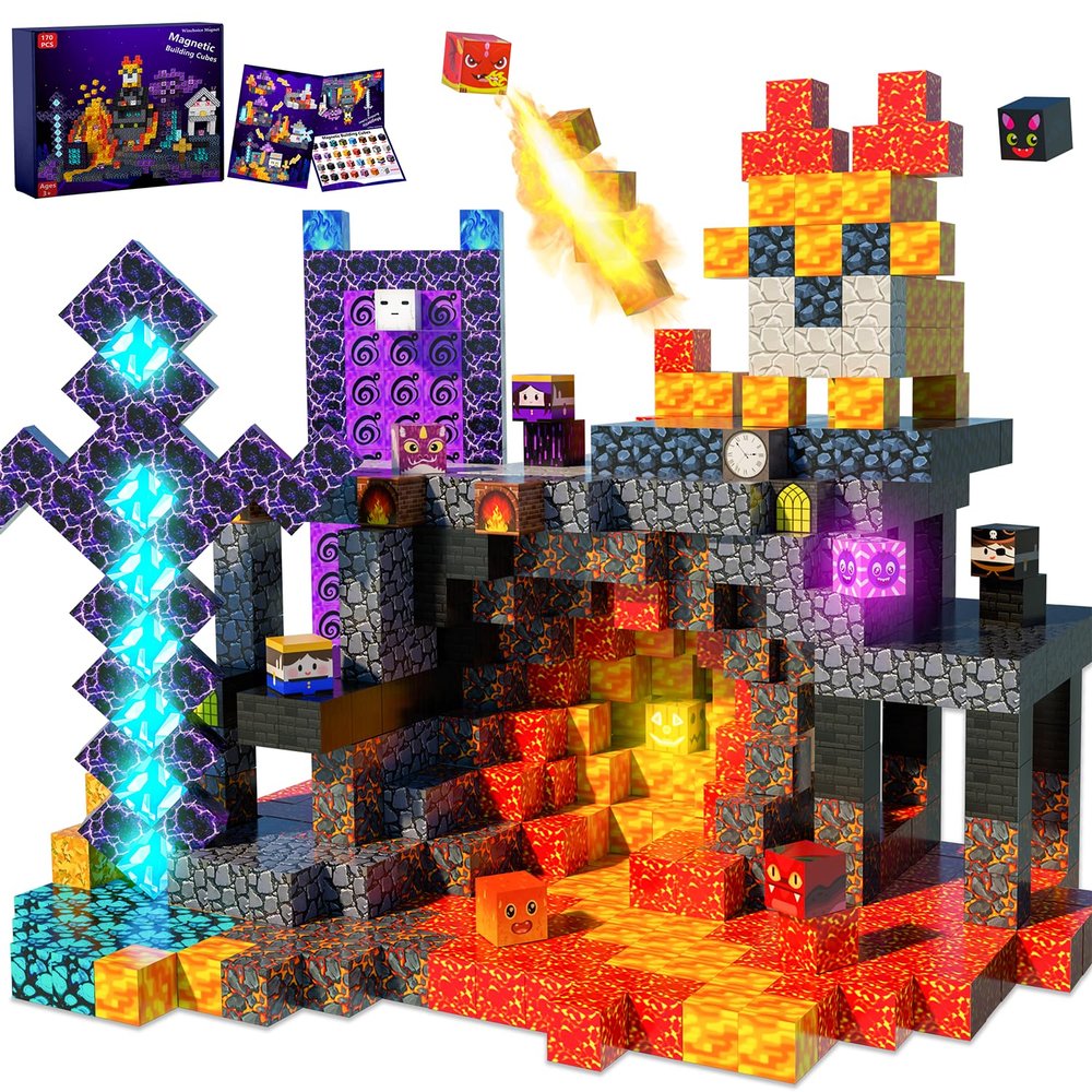 170PCS Magnetic Blocks,1" Light Up Magnetic Building Blocks, Magnets Cubes for Kids to Build 3D Dark Castle Stacking Toddler Set,SETM Sensory Toys for Kids 3+ Ages Boys Girls Christmas Birthday Gifts