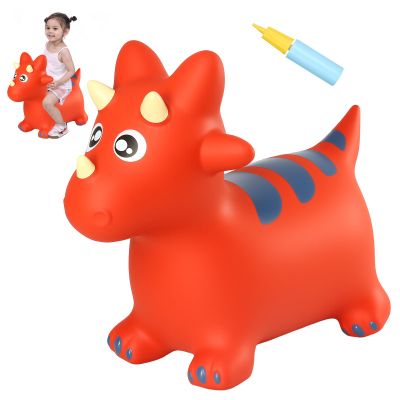 INPANY Bouncy Horse, Dinosaur Hopper Toys, Toddler Bouncing Animal, Dinosaur Party Decorations, Inflatable Ride on Rubber Triceratops Bouncer, Outdoor Cool Birthday Gift for 2 3 4 Yr Boy Girl Red