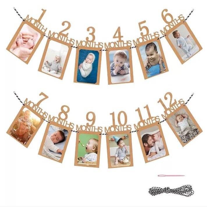 1 Set Pink Lovely 1st Birthday Baby Photo Banner, from Newborn to 12 Months, First Birthday Decorations, Pre-Strung One Year Old Photo Banner with Frame, Monthly Milestones Garland for Boys or Girls