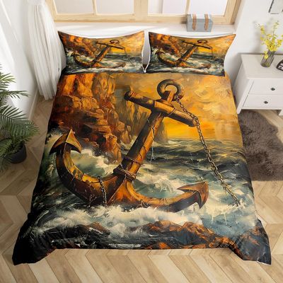 jejeloiu Toddler Size Anchor Duvet Cover Boys Girls Ocean Bedding Set For Kids Ultra Soft Nautical Themed Pirate Sea Coastal Vintage Comforter Cover Room Decor Bedclothes Soft Zipper 2Pcs,No Comforter