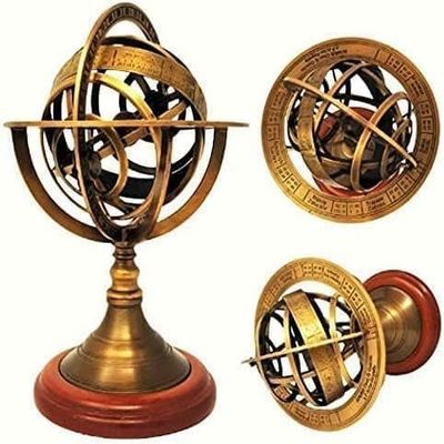 5-Inch Nautical Brass Armillary Sphere Rosewood Base World Globe Rustic Vintage Table Decor  Elegant Maritime Home Decoration Gift for Collectors and Nautical Lover