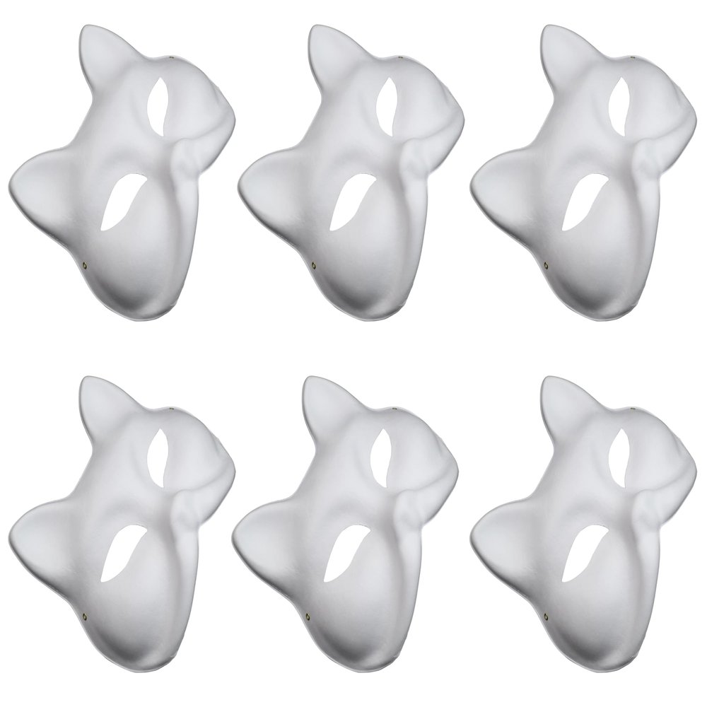 6pcs Cat Mask, Blank White Paper Masks Unpainted Animal Half Facemasks DIY Paint Masquerade Costume Prop Mask for Carnival Cosplay Dance Party Favors