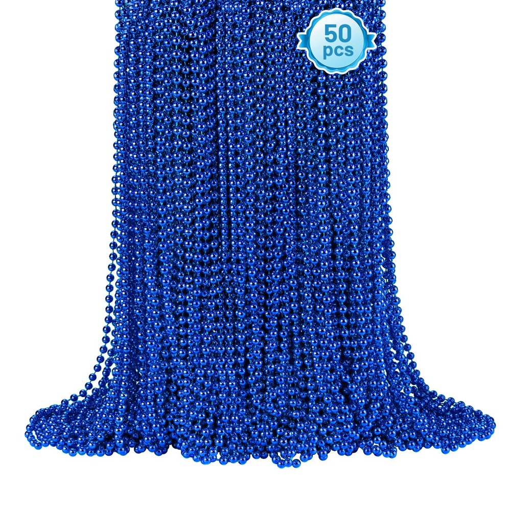 50 PCS Blue Bead Necklace, Blue Mardi Gras Beads Christmas Necklaces, 33" 4th of July Patriotic Beads Necklaces, Parade Throw Accessories for Independence Day Mardi Gras Hanukkah Pirate Theme Party