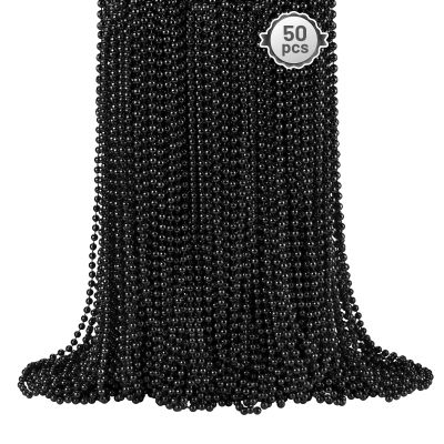 50 PCS Black Bead Necklaces, Black Mardi Gras Beads, New Year Eve Necklaces, 33 Inch Round Halloween Beaded Necklace, Party Beads for Mardi Gras, Christmas, Halloween, New Year Party Favors