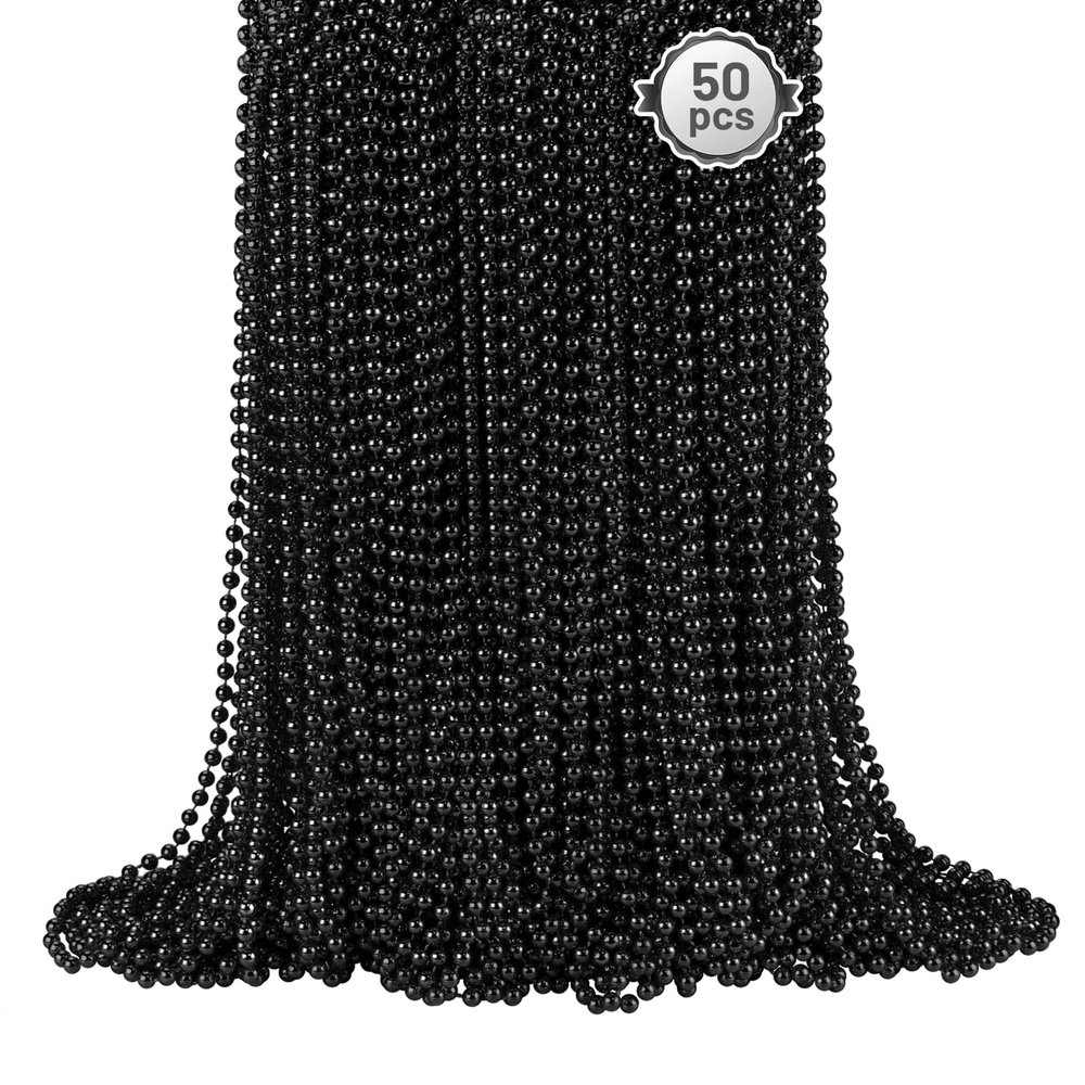 50 PCS Black Bead Necklaces, Black Mardi Gras Beads, New Year Eve Necklaces, 33 Inch Round Halloween Beaded Necklace, Party Beads for Mardi Gras, Christmas, Halloween, New Year Party Favors