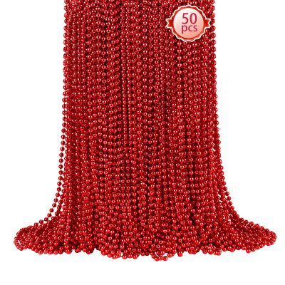 50 PCS Red Mardi Gras Beads, Red Beads Necklaces Christmas Necklace 33" Metallic Beaded Costume Necklace Party Necklaces for Valentines Christmas Parade Throws Wedding Birthday Party Favors