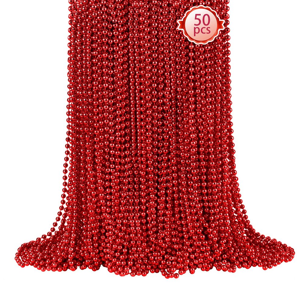 50 PCS Red Mardi Gras Beads, Red Beads Necklaces Christmas Necklace 33" Metallic Beaded Costume Necklace Party Necklaces for Valentines Christmas Parade Throws Wedding Birthday Party Favors