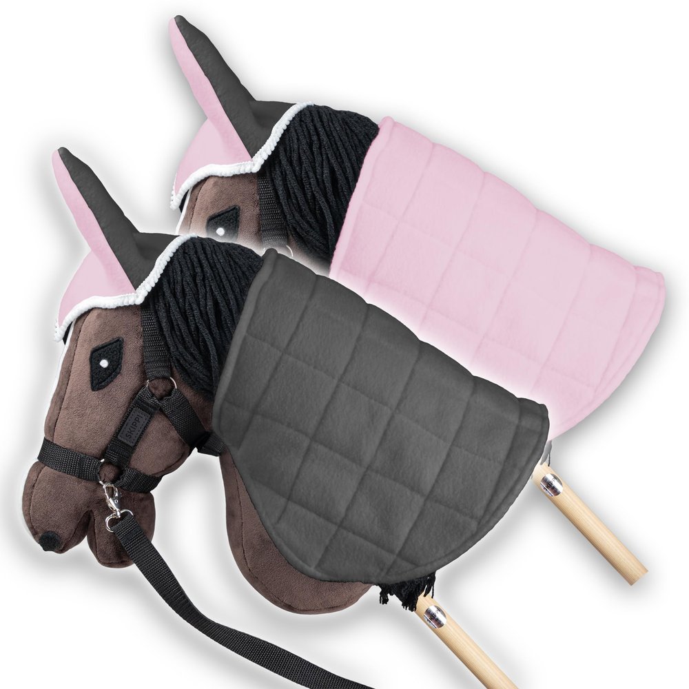 SKIPPI Blanket and Hat for Hobby Horse - Pink and Grey, Hobby Horse Accessory, Reversible Blanket, Two-Tone Fly Hat for Riding Horse Head