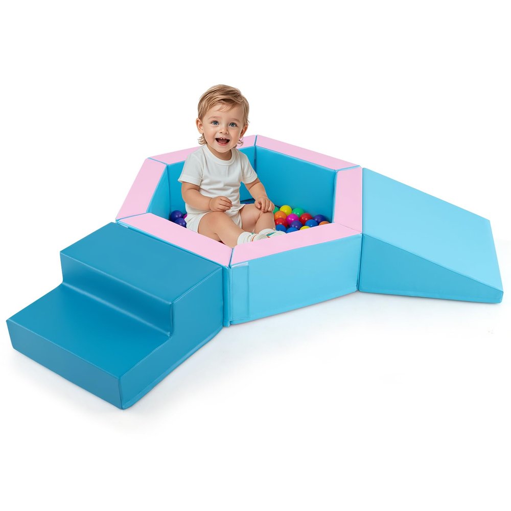 Costzon Climbing Toys for Toddlers 1-3 Inside, Ball Pit and Foam Blocks Activity Set with 100 Colorful Ocean Balls for Indoor Crawling Sliding Playing, Kids Soft Play (40" x 40",Blue & Pink)