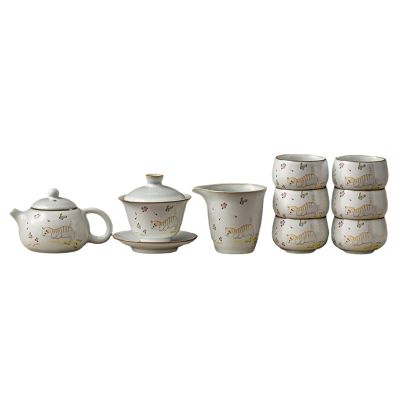 Cute Cat Ru Kung Fu Tea Set, Household Chinese Ceramic Tea Pot - Play Set: 6 cups, 1 tea sea, 1 covered bowl, 1 pot