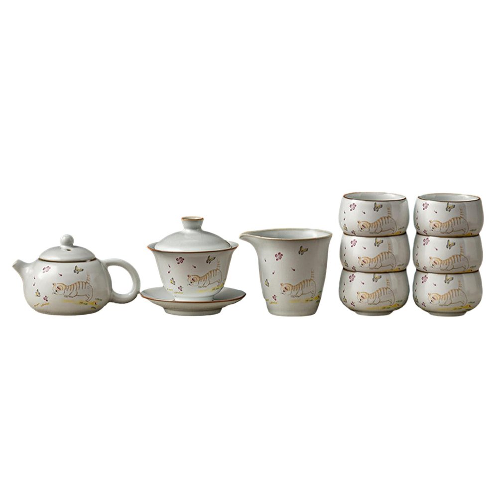 Cute Cat Ru Kung Fu Tea Set, Household Chinese Ceramic Tea Pot - Play Set: 6 cups, 1 tea sea, 1 covered bowl, 1 pot