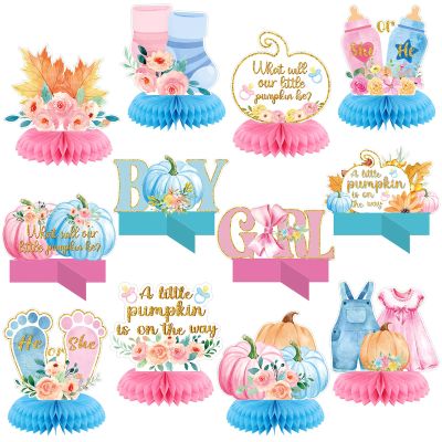 12 Pcs Fall Thanksgiving Gender Reveal Decoration What Will Our Little Pumpkin Be Honeycomb Centerpieces He or She Maple Pumpkin Thanksgiving Table Decoration Table Topper for Party Favors Supplies