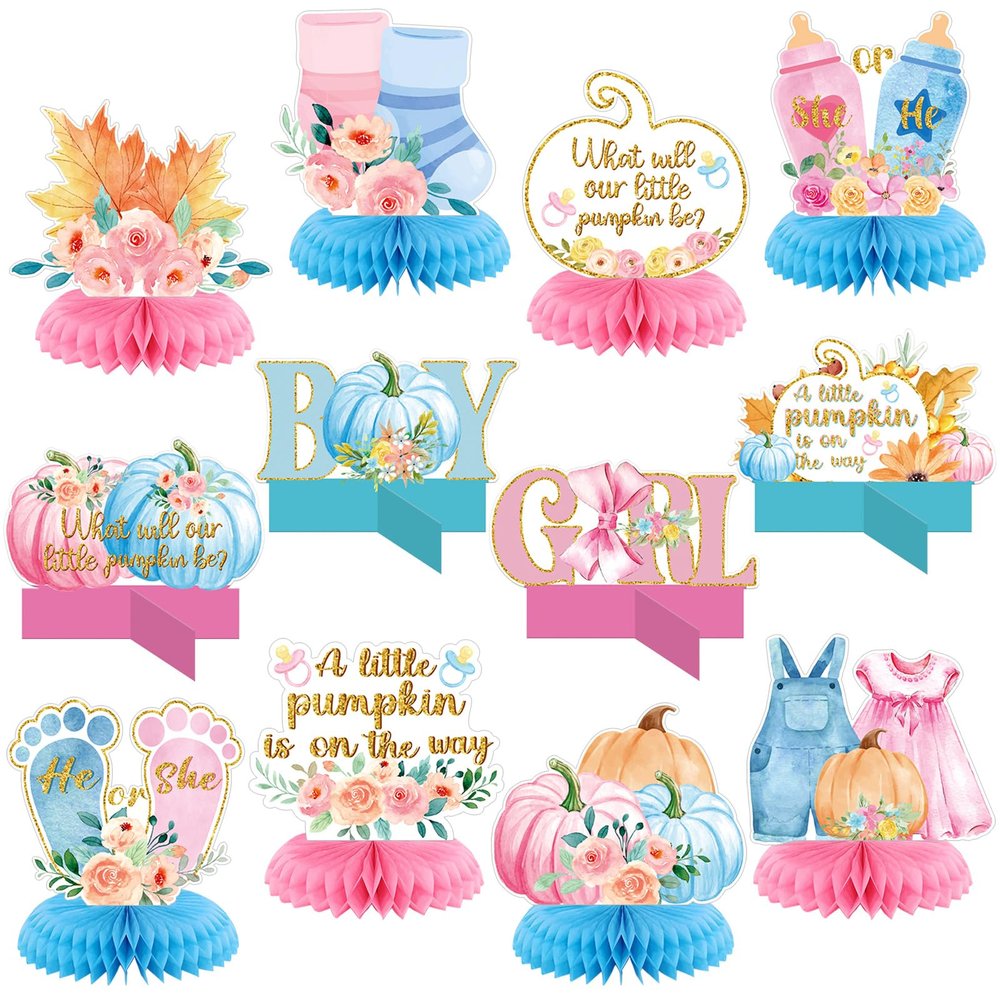 12 Pcs Fall Thanksgiving Gender Reveal Decoration What Will Our Little Pumpkin Be Honeycomb Centerpieces He or She Maple Pumpkin Thanksgiving Table Decoration Table Topper for Party Favors Supplies