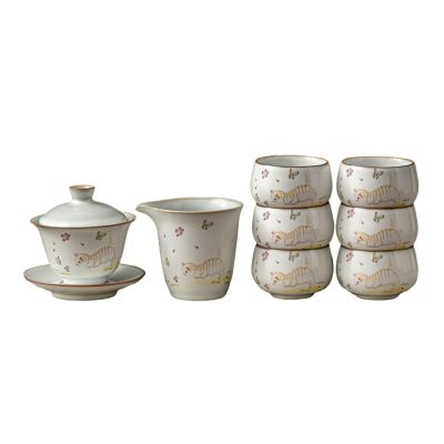 Cute Cat Ru Kung Fu Tea Set, Home Chinese Ceramic Tea Pot - Play Set: 6 cups, 1 covered bowl, 1 tea sea