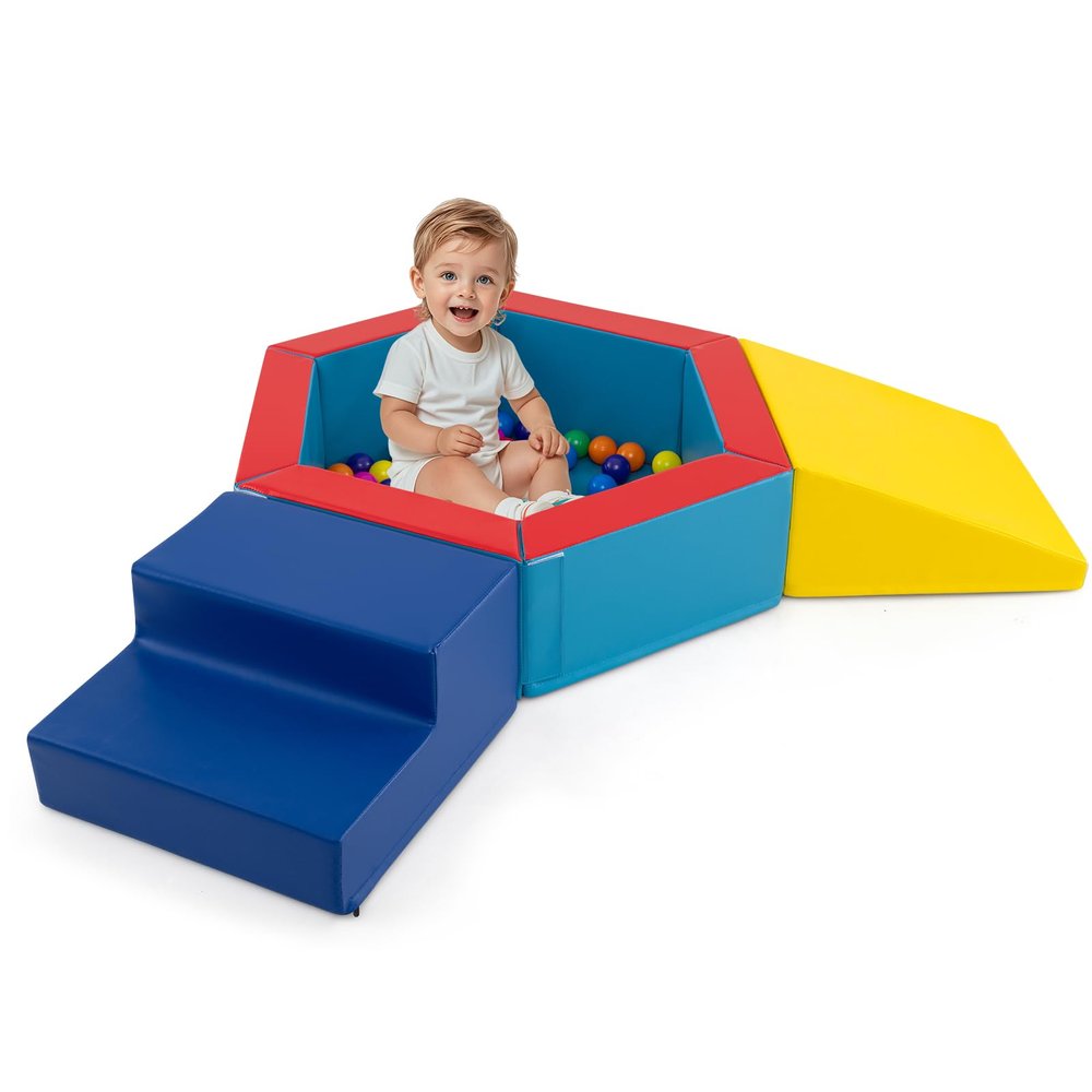 Costzon Climbing Toys for Toddlers 1-3 Inside, Ball Pit and Foam Blocks Activity Set with 100 Colorful Ocean Balls for Indoor Crawling Sliding Playing, Kids Soft Play (40" x 40",Navy & Yellow)