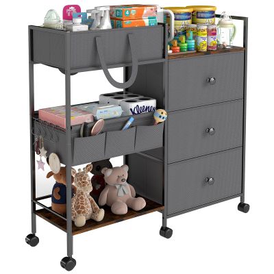 3-Tier Baby Diaper Caddy Organizer and Storage Cart, Baby Essentials with 2+2 Dividers and 3 Drawers, Large Capacity Rolling Cart for Nursery Storage, Diaper Caddy Cart for Crib, Bedroom, Bathroom