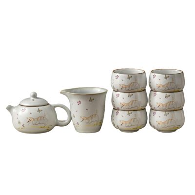 Cute Cat Ru Kung Fu Tea Set, Household Chinese Ceramic Teapot - Play Set: 6 Cups, 1 Teapot, 1 Tea Sea