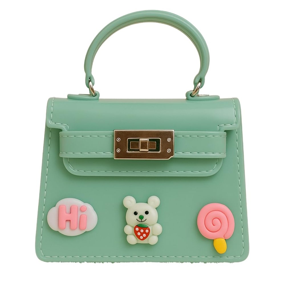 Mint Green Kids Handbag  Glossy Mini Purse with Bear, Hi Cloud & Lollipop Embellishments