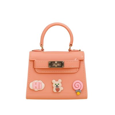 Peachy Pink Mini Kids Purse Glossy Trapezoid Handbag with Fun Bear & Candy Charms