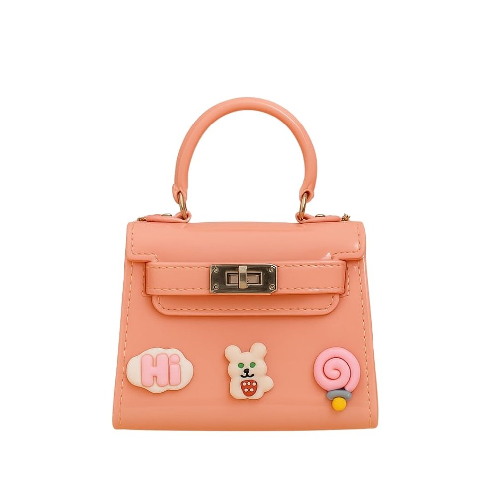 Peachy Pink Mini Kids Purse Glossy Trapezoid Handbag with Fun Bear & Candy Charms