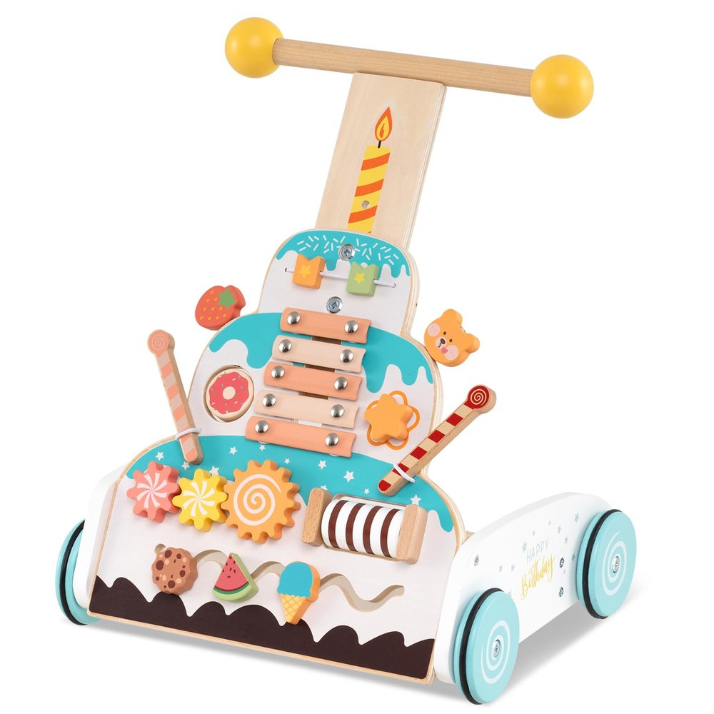 HONEY JOY Baby Push Walker, Wooden Infant Walker Activity Center w/Adjustable Handle, Develop Motor Skills & Creativity, Push Toys for Babies Learning to Walk, First Birthday Gift for Boys and Girls