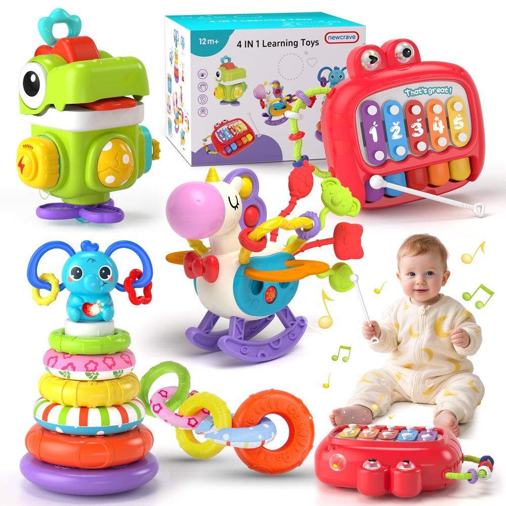 4 in 1 Baby Toys for 6 to 12 to 18 Months, Infant Sensory & Stacking for 1+ Year Old, Busy Cube Toys for Babies 6 - 12 Months, Piano Xylophone Musical Travel Toys, Christmas Birthday Gifts for 1 - 2