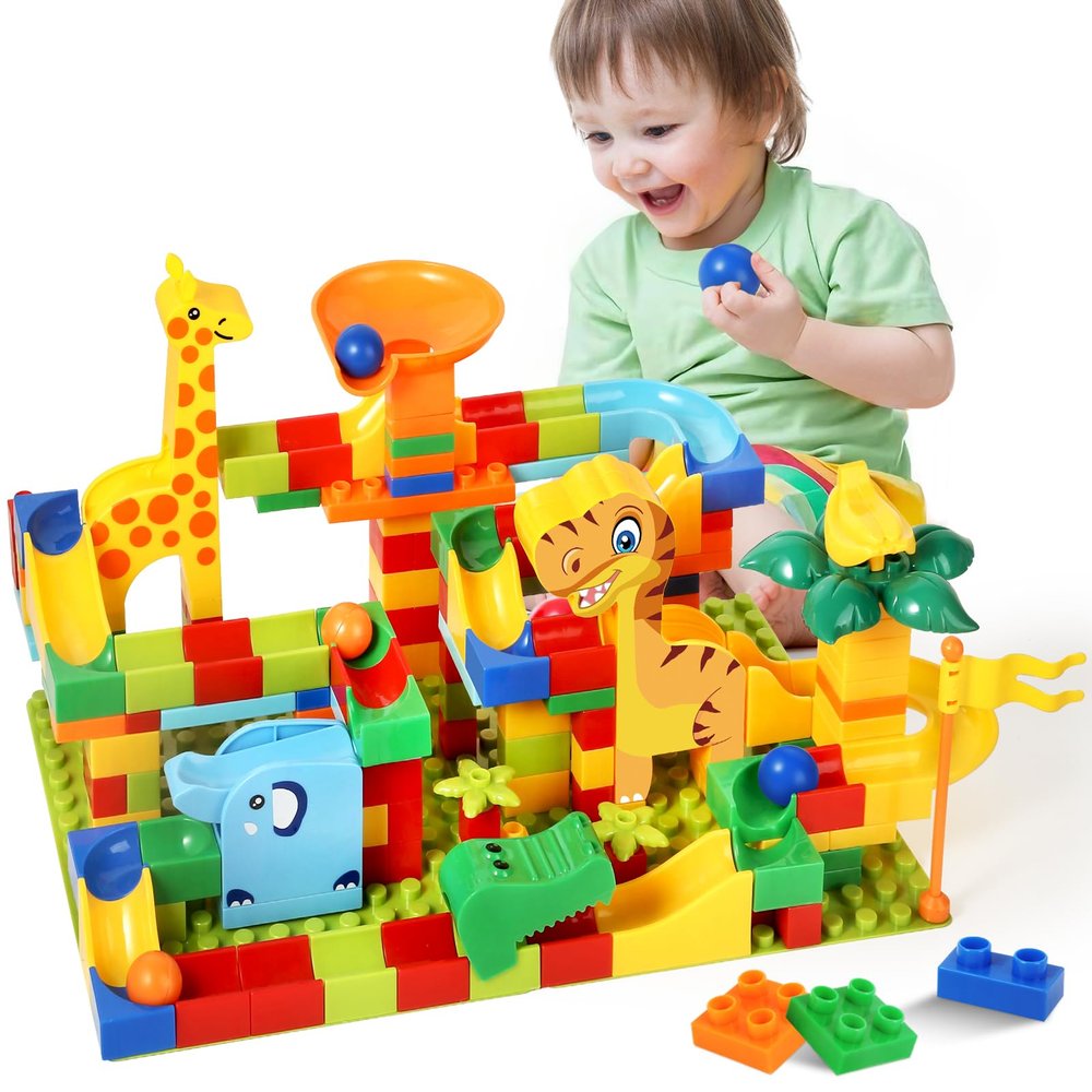 MOONTOY Dinosaur Marble Run 200PC Building Blocks - STEM Educational Toys for Kids Ages 3 4 5 6 7 8, Big Blocks Learning Set for Toddlers Boys & Girls, Gift for Christmas & Birthdays